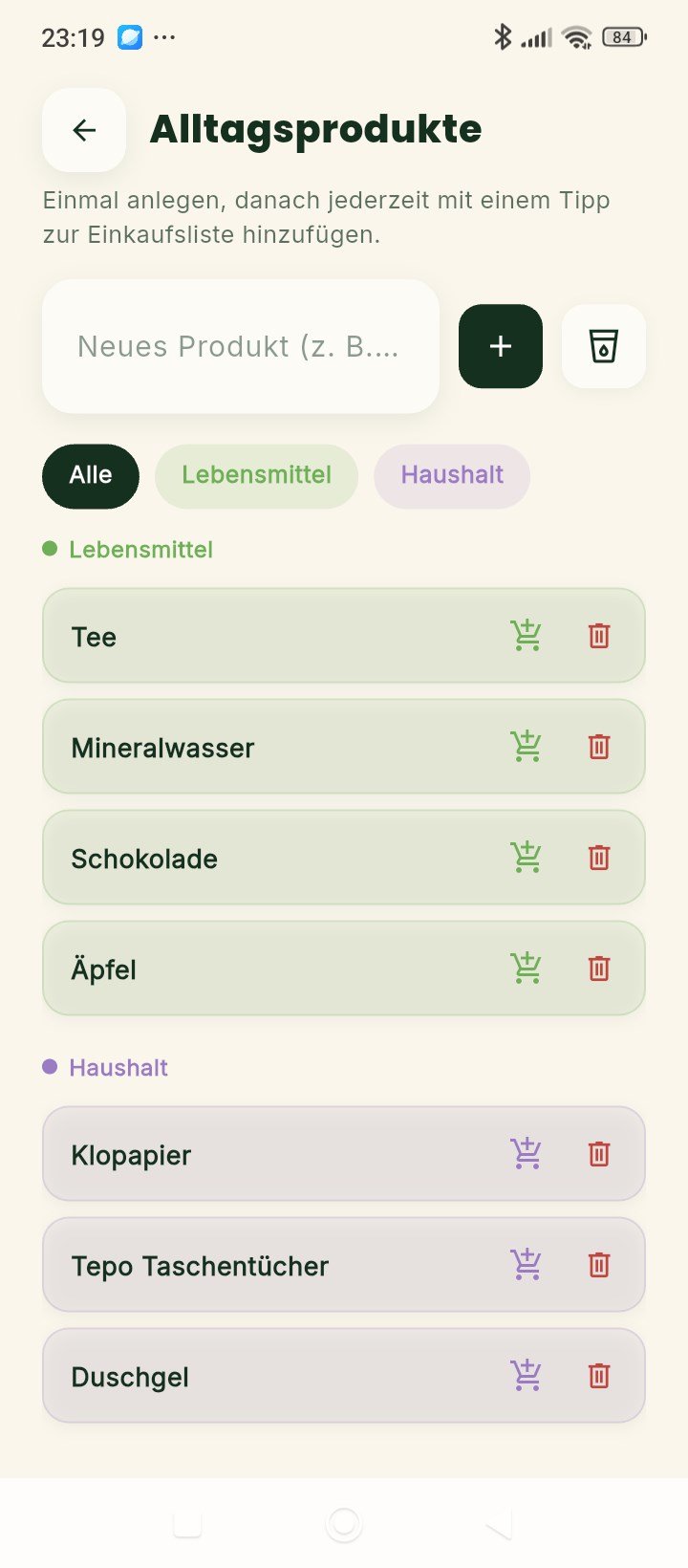 Alltagsprodukte wie Duschgel und Klopapier in der Recivita App