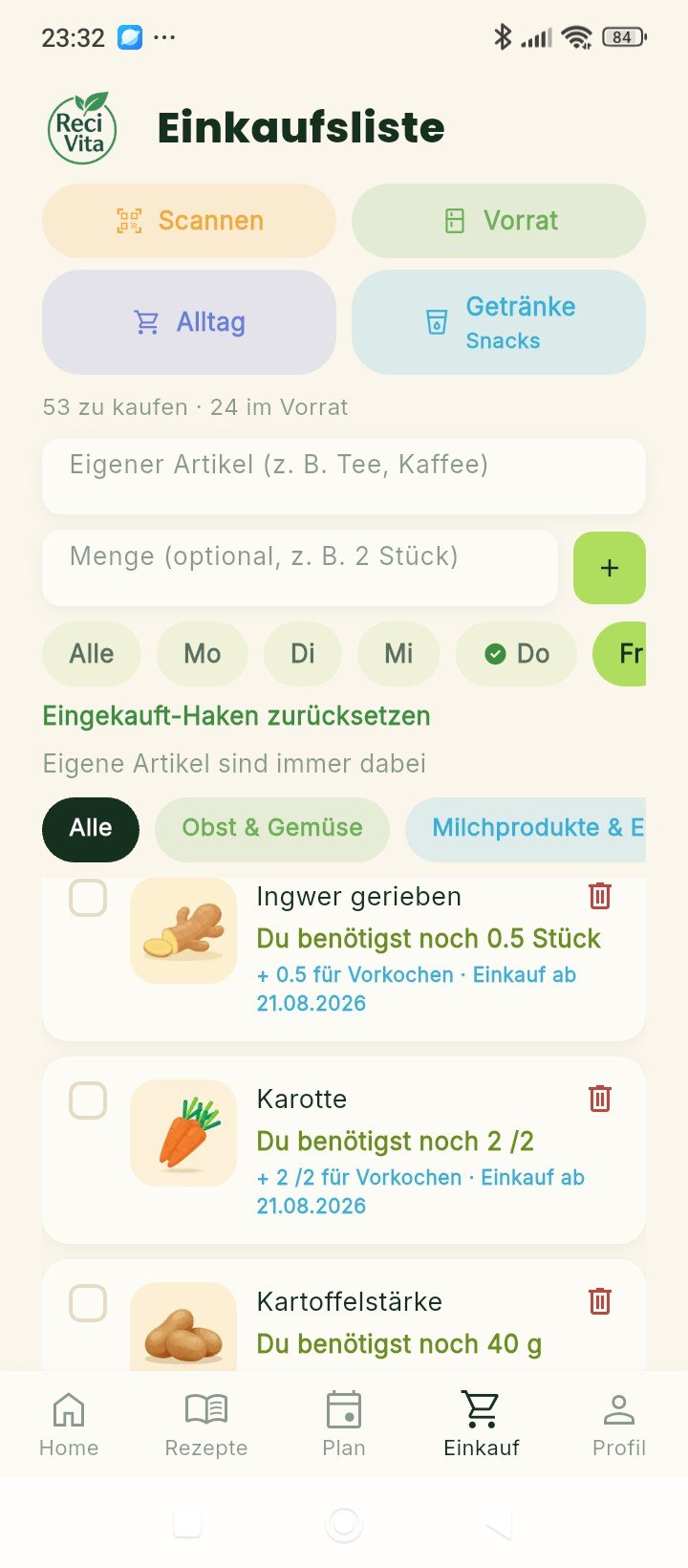 Einkaufsliste der Recivita App mit Scannen, Vorrat, Alltag und Getränke