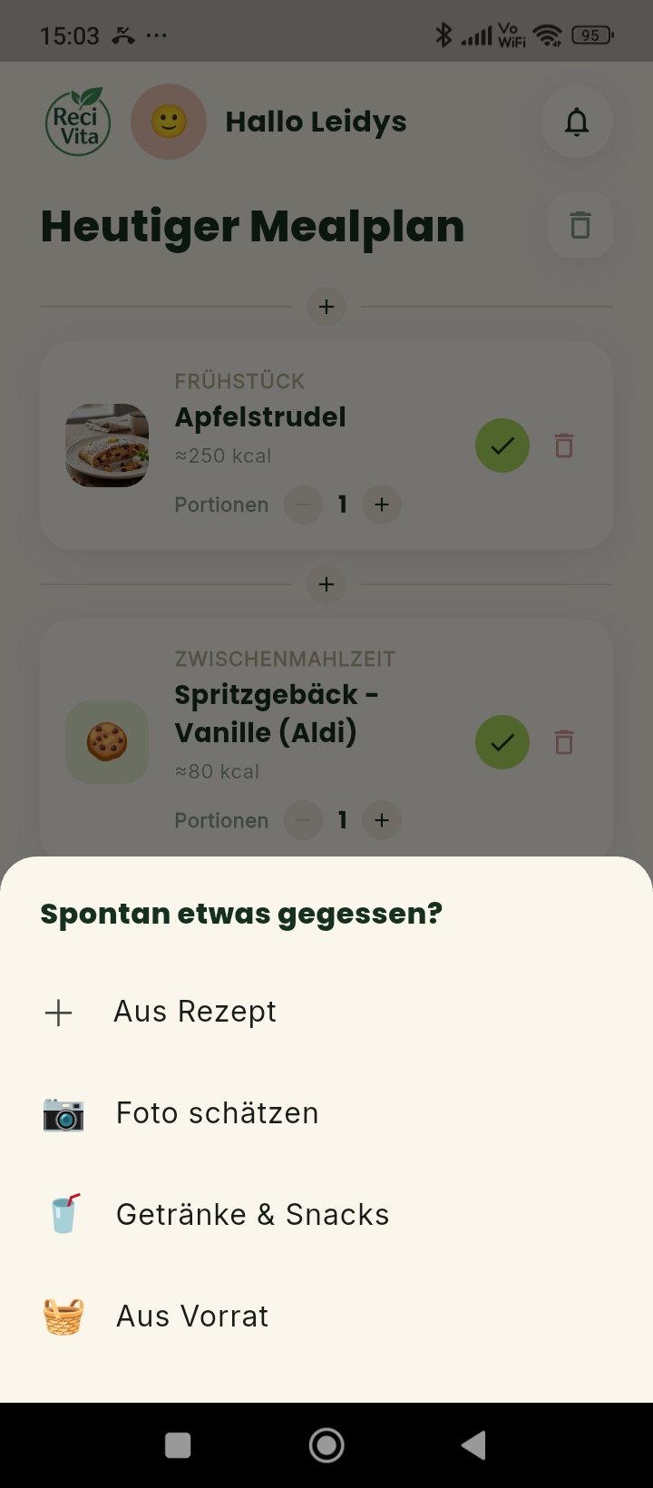 Foto-Kalorienschätzung in der Recivita App über das Spontan-gegessen-Menü