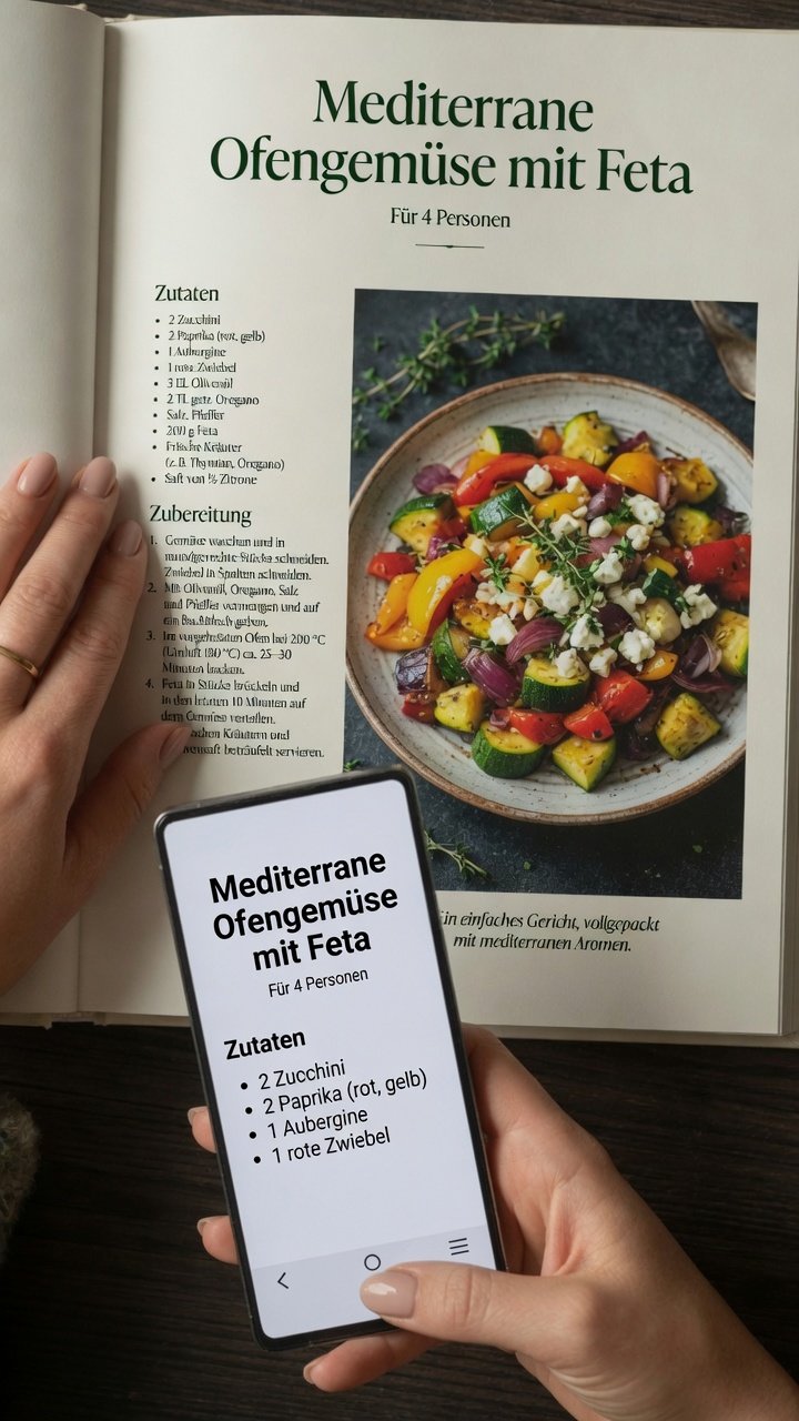 Handy fotografiert eine aufgeschlagene Kochbuchseite, Recivita erkennt das Rezept automatisch