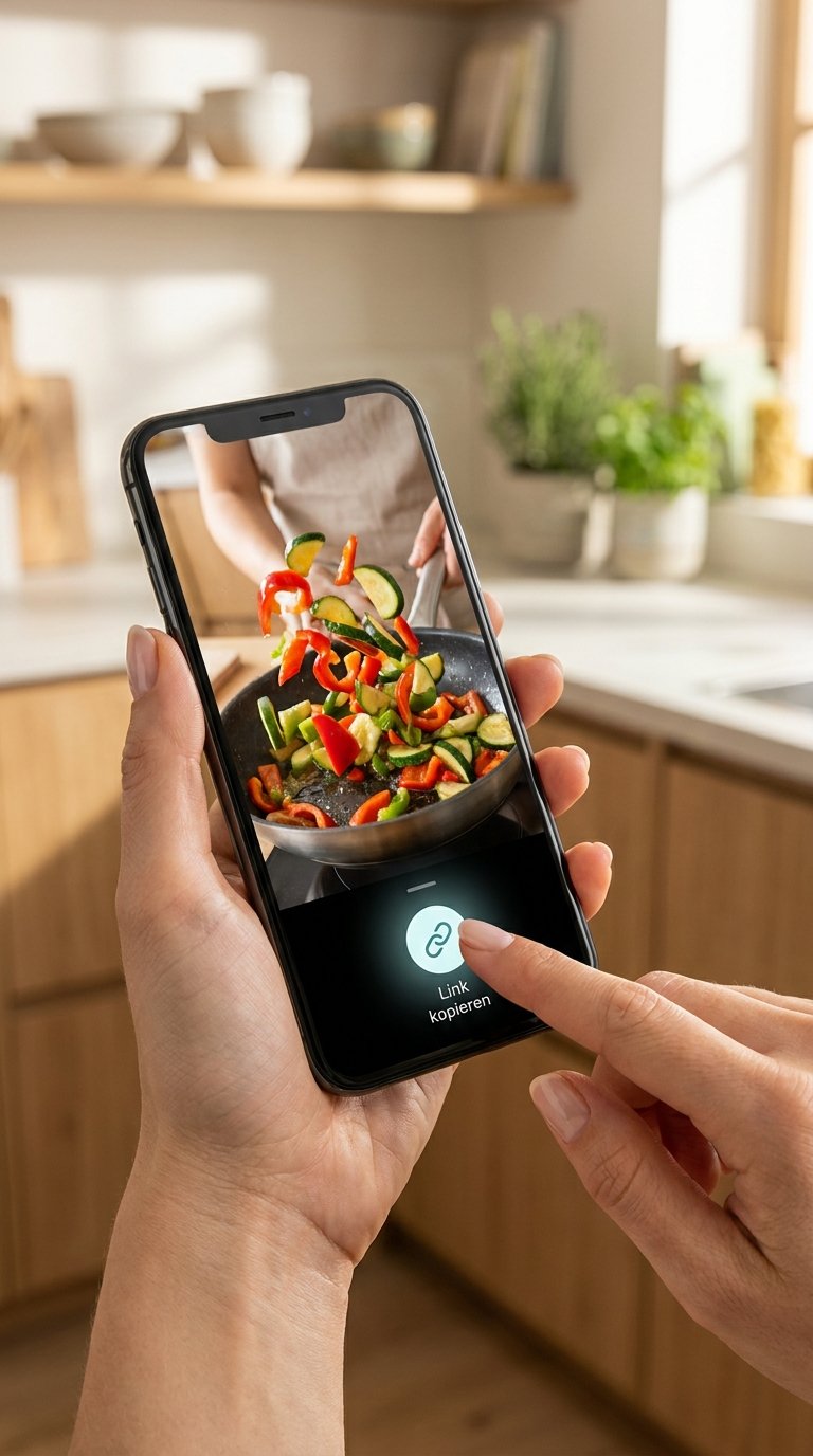 Handy filmt beim Kochen ein Video, das Rezept wird als Link kopiert