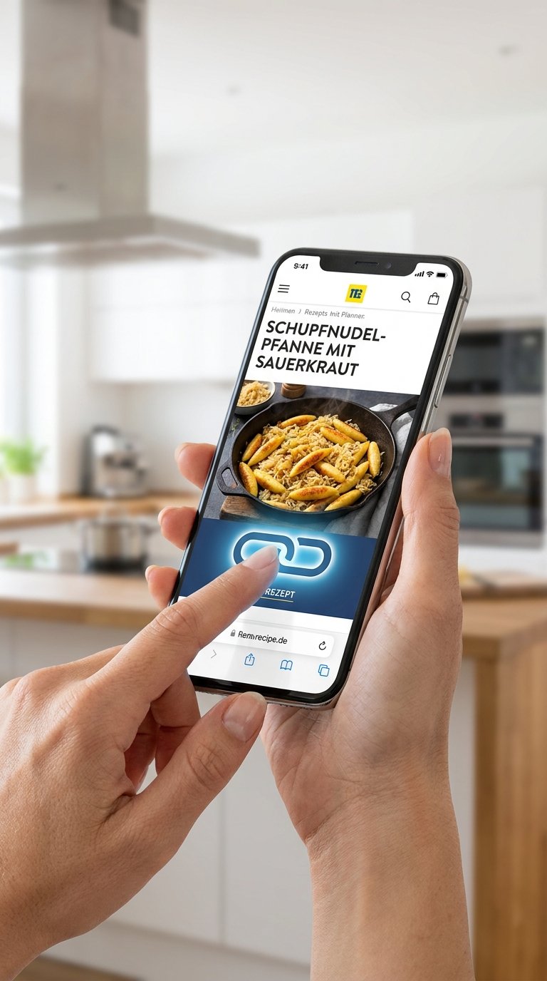 Handy zeigt ein Rezept auf einer Webseite, der Link wird geteilt
