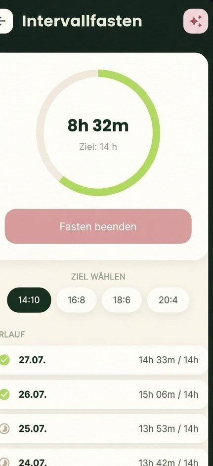 Intervallfasten-Timer mit Fastenring und Verlauf in der Recivita App