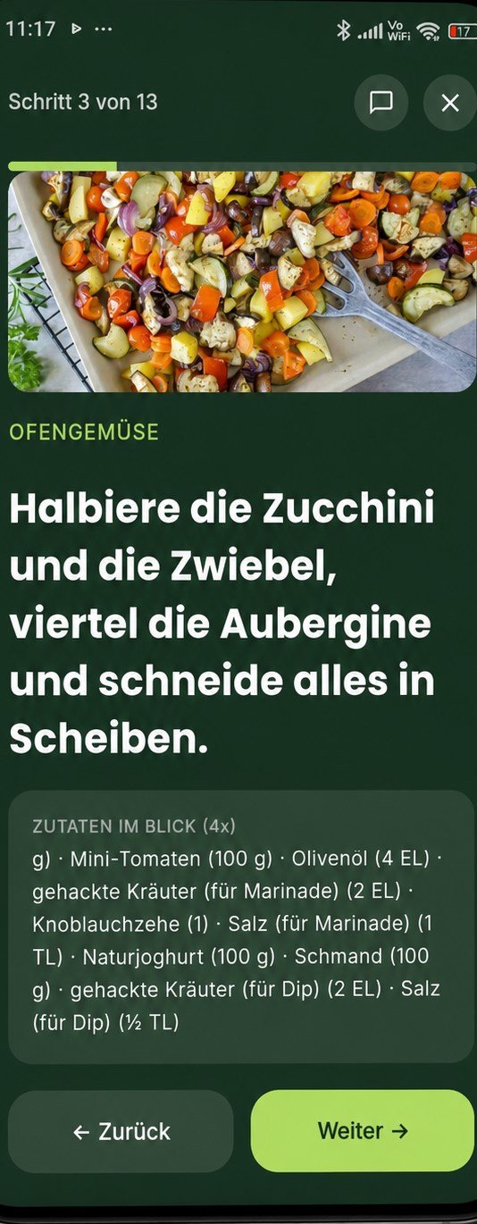 Kochmodus-Ansicht: Schritt 1 von 5 mit Zutaten im Blick