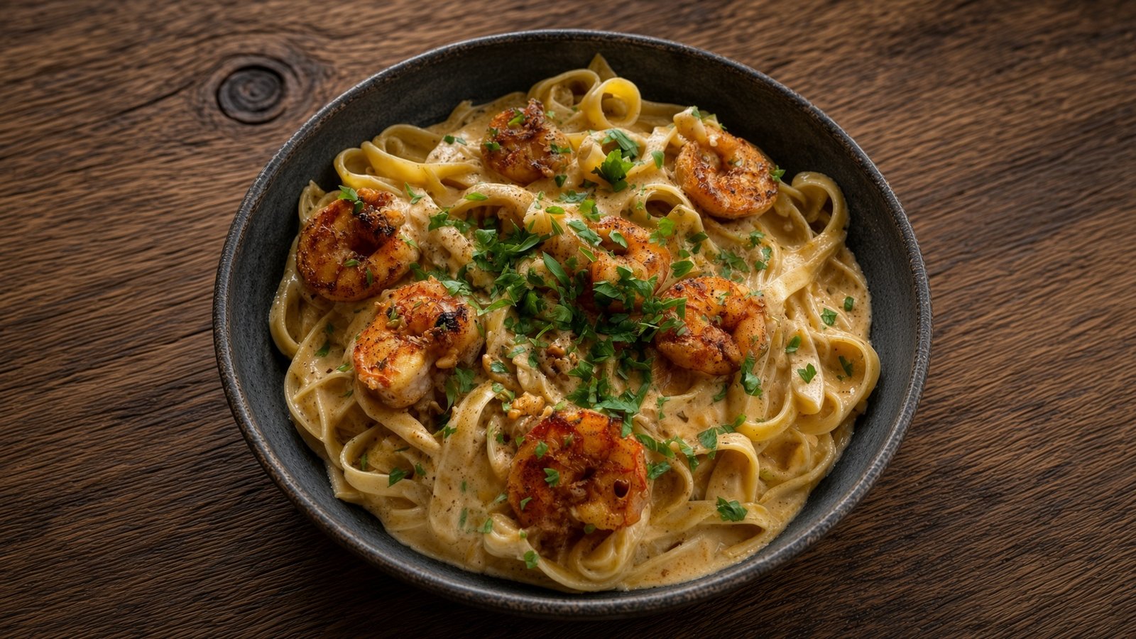 Cremige Cajun-Garnelen-Fettuccine in einer Schüssel