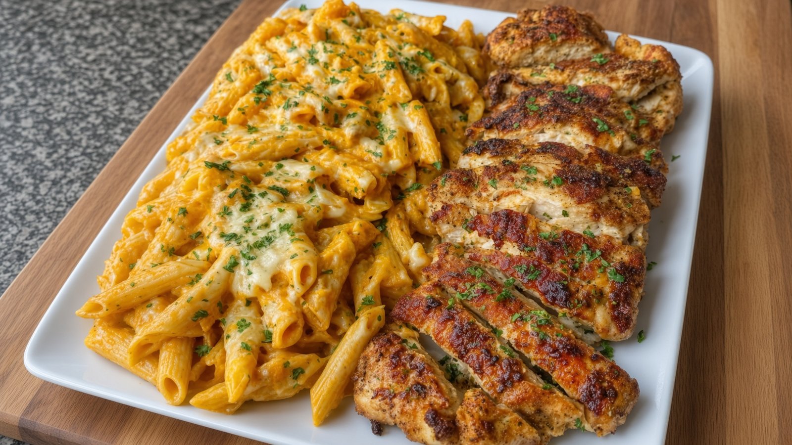 Cajun-Hähnchen mit cremiger Cheddar-Parmesan-Penne auf einer Platte