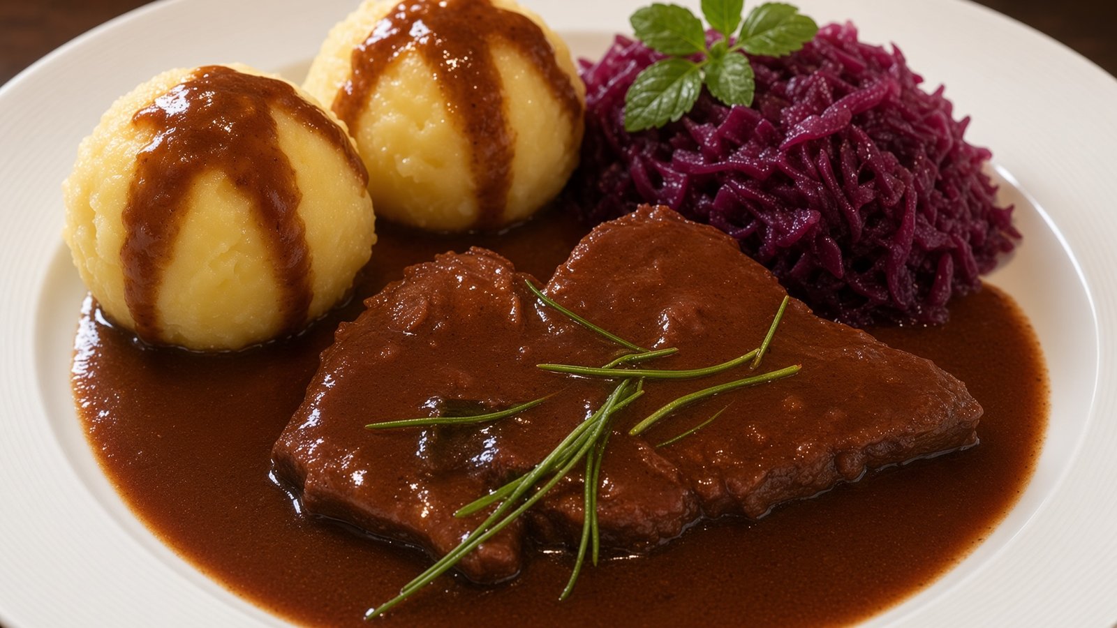 Fränkischer Sauerbraten mit Klößen und Blaukraut auf einem Teller