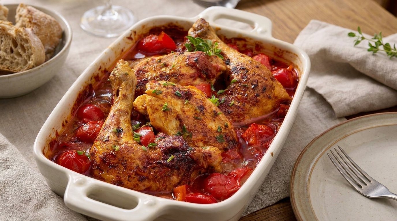 Geschmortes Tomaten-Hähnchen mit Kräuter-Ciabatta