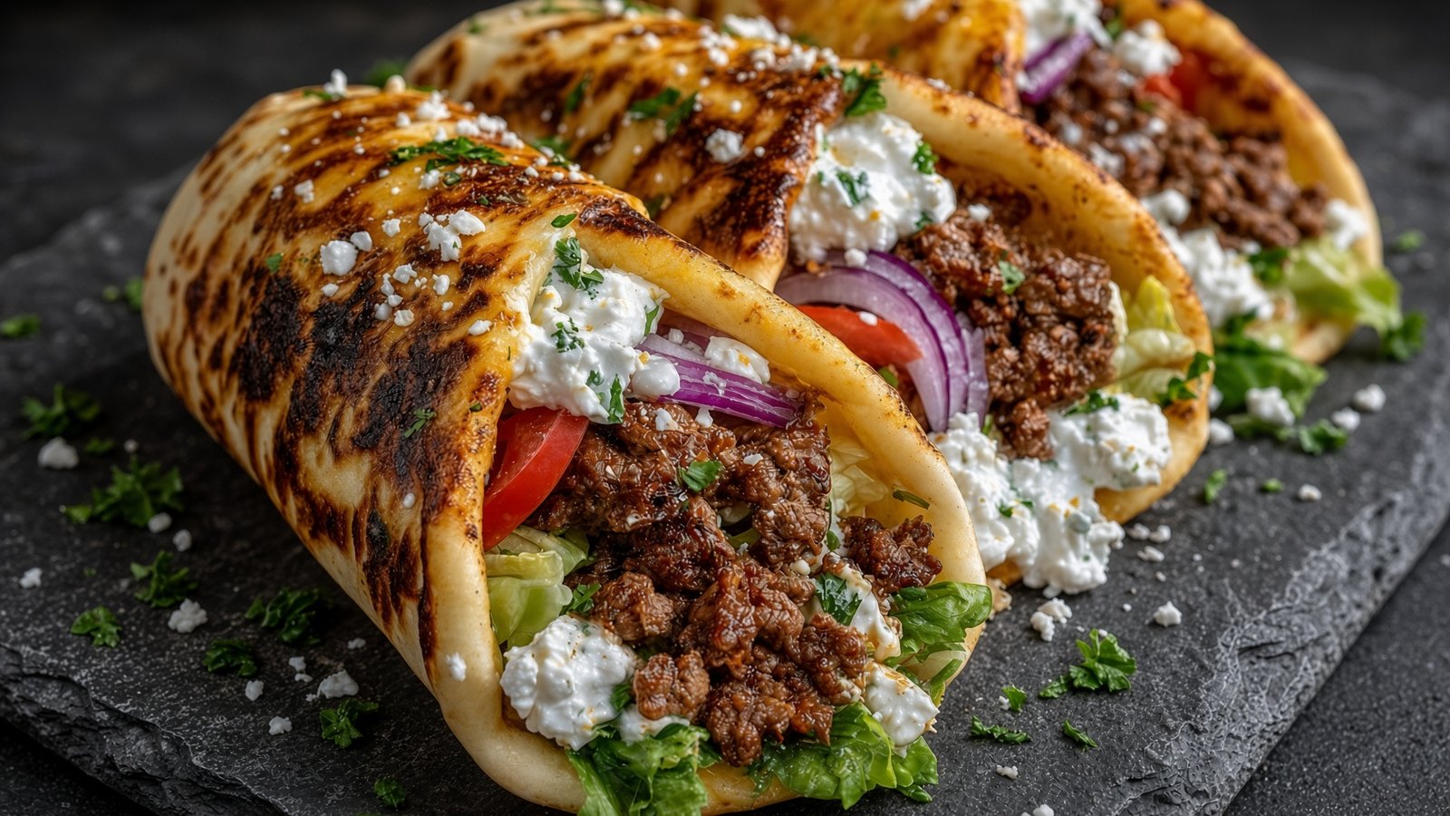 Griechische Rinderhack-Wraps mit Feta, Tomate und roter Zwiebel