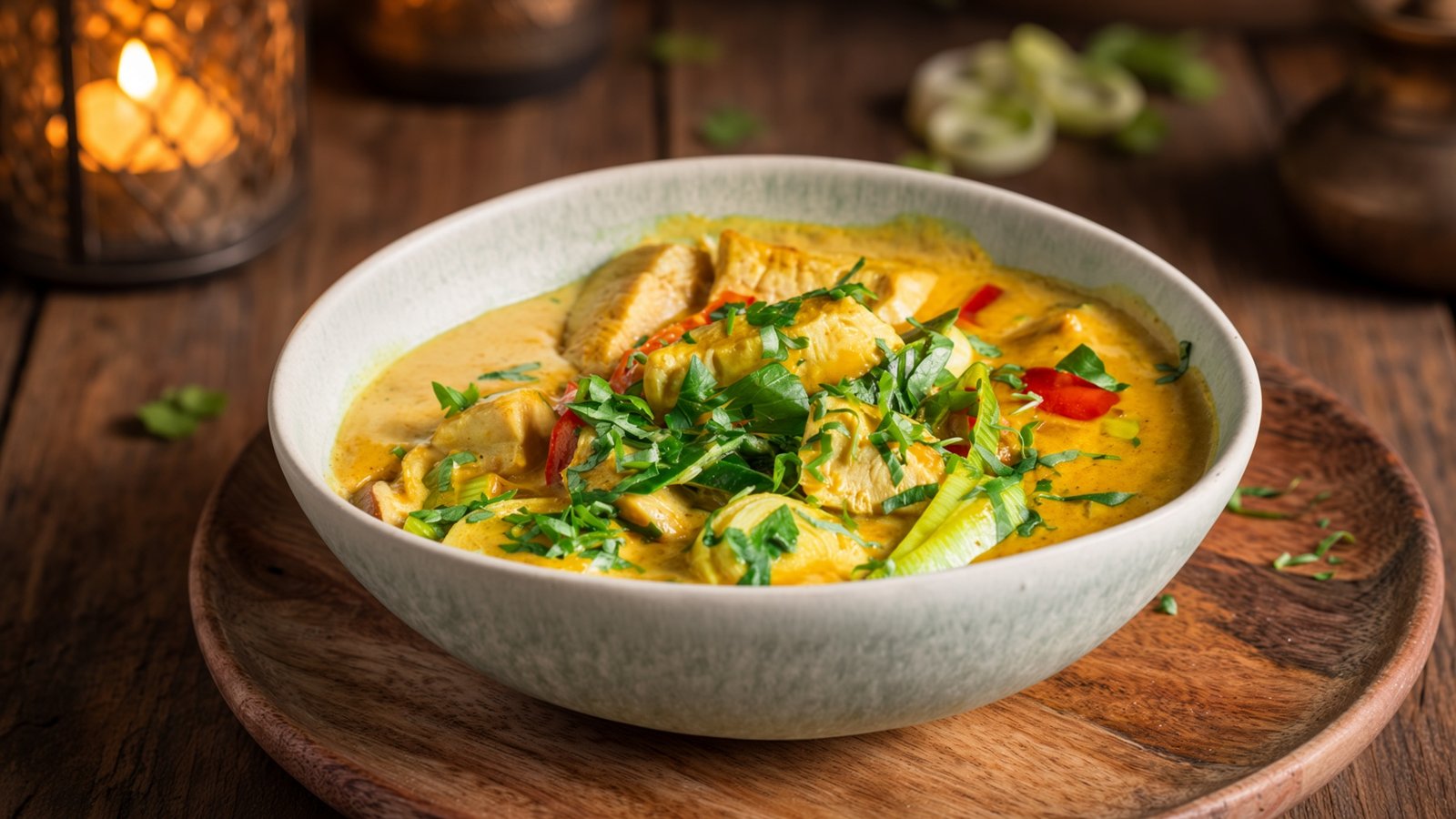 Hähnchen-Curry-Lauch-Suppe in einer Schale