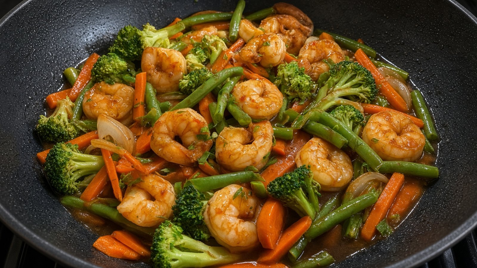 Knoblauch-Garnelen-Pfanne mit Brokkoli, Karotten und grünen Bohnen im Wok