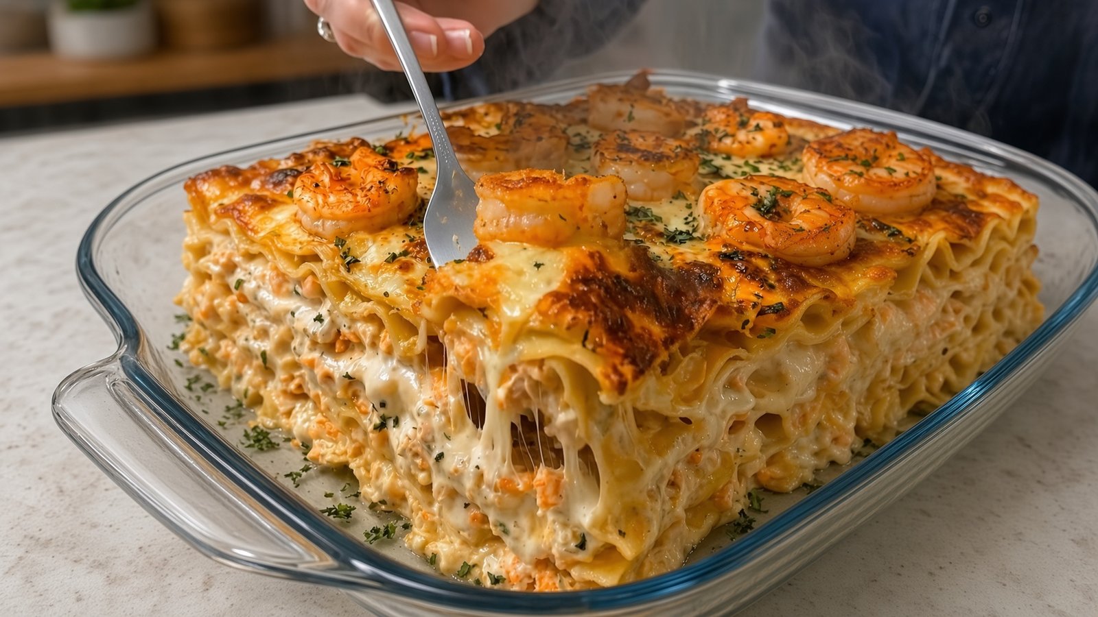 Cremige Knoblauch-Garnelen-Lasagne in der Auflaufform