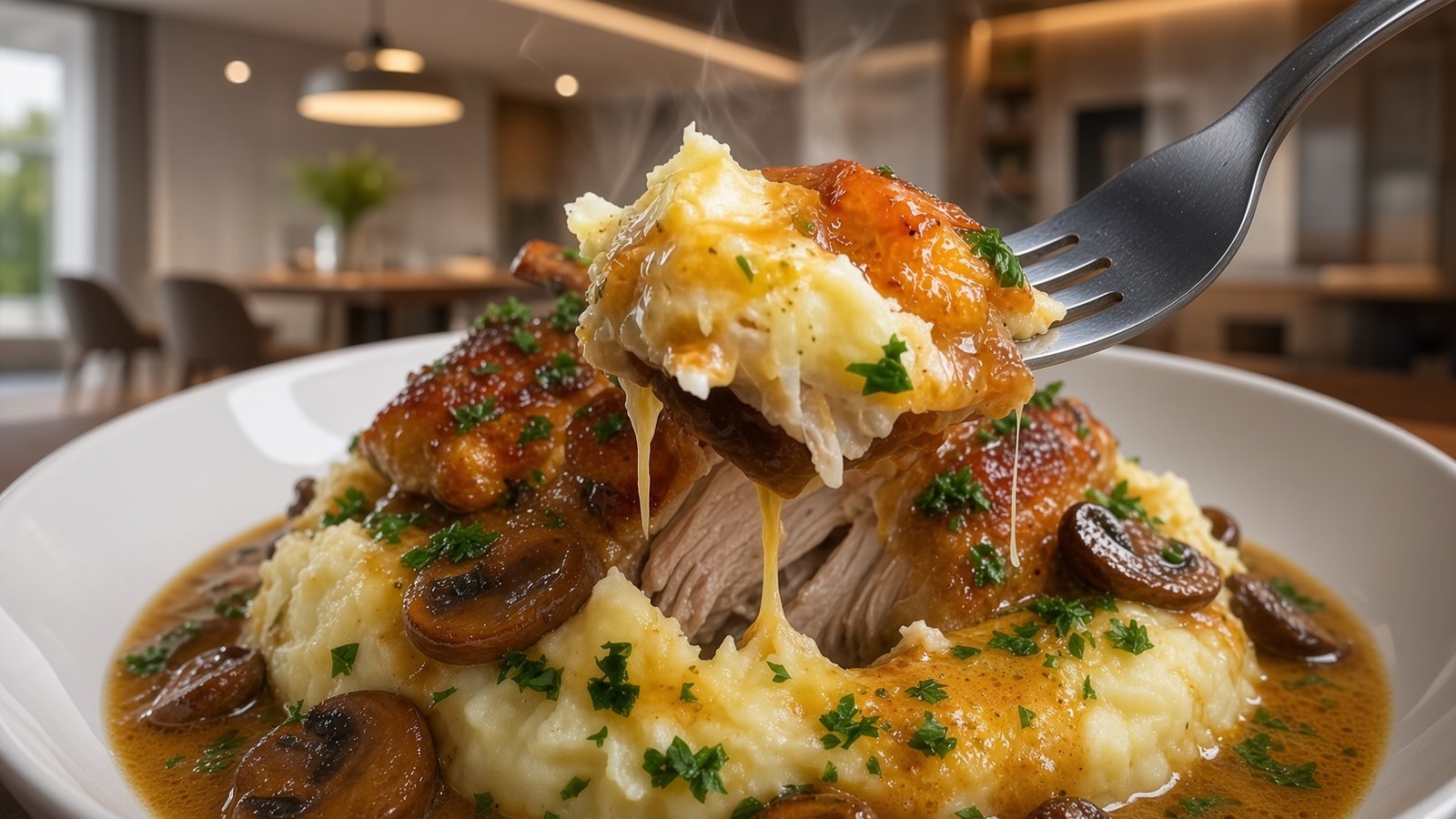 Knoblauch-Pilz-Hähnchen mit Kartoffelpüree und Champignons