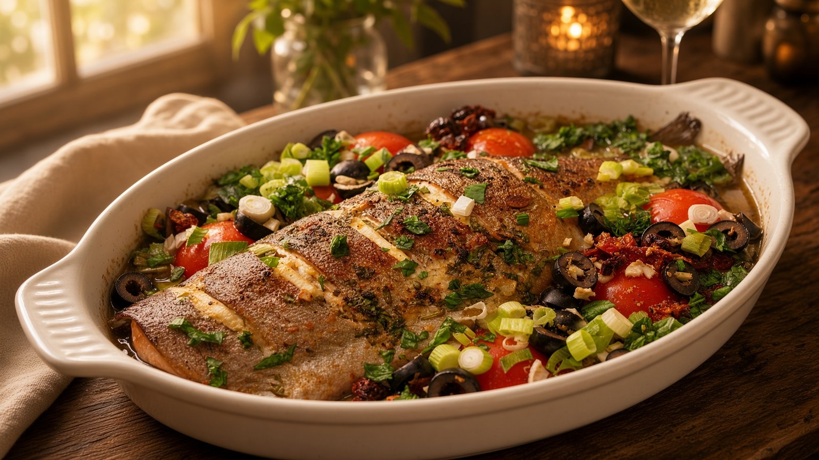 Mediterrane Lachsforelle mit Tomaten und Oliven im Bräter