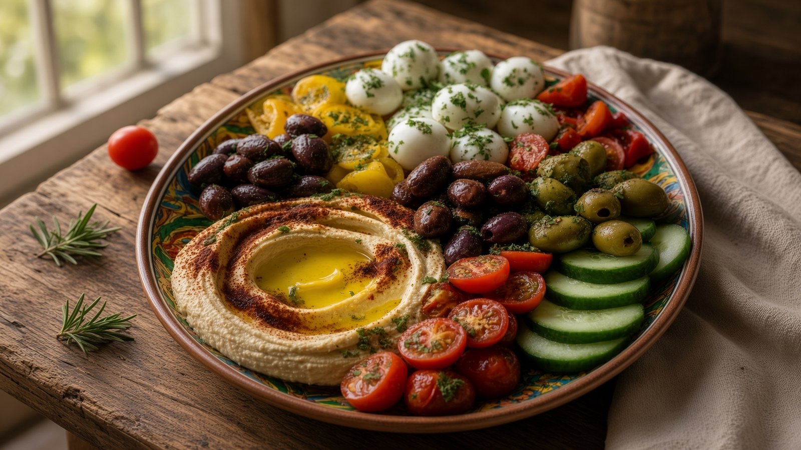 Mediterrane Mezze-Platte mit Hummus, Burrata, Oliven und frischem Gemüse