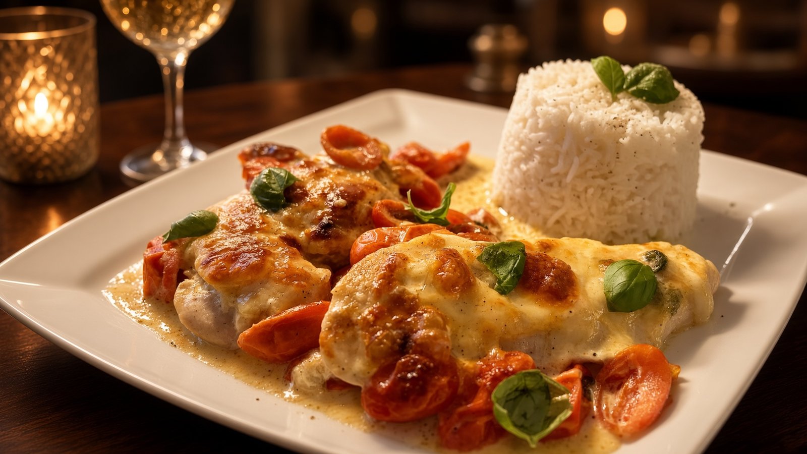 Mozzarella-Hähnchen in Basilikum-Sahnesauce in einer Auflaufform