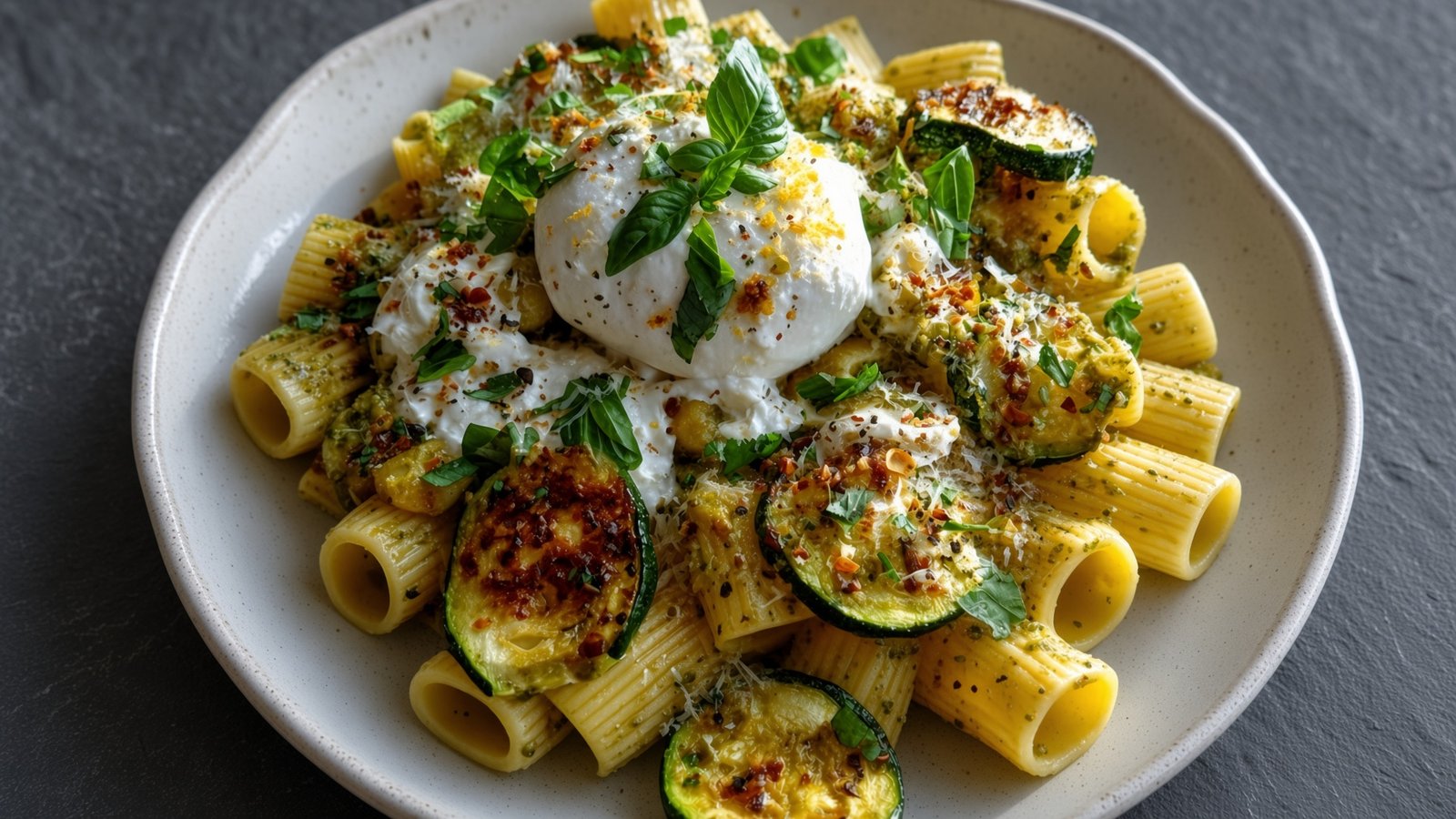 Zitronen-Pesto-Rigatoni mit Burrata und geröstetem Zucchini auf einem Teller