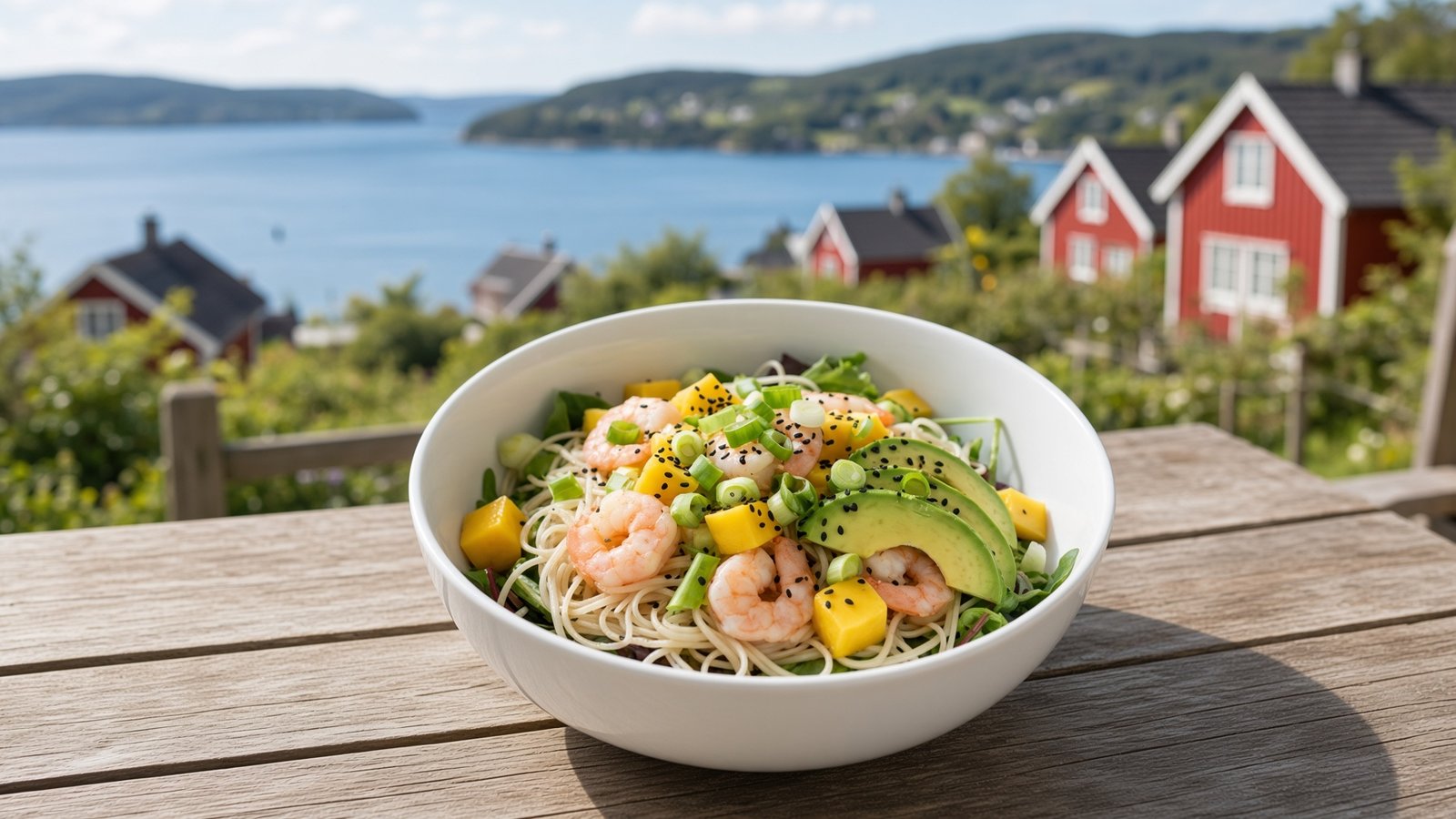 Fruchtiger Reisnudelsalat mit Mango, Avocado und Garnelen in einer Schüssel