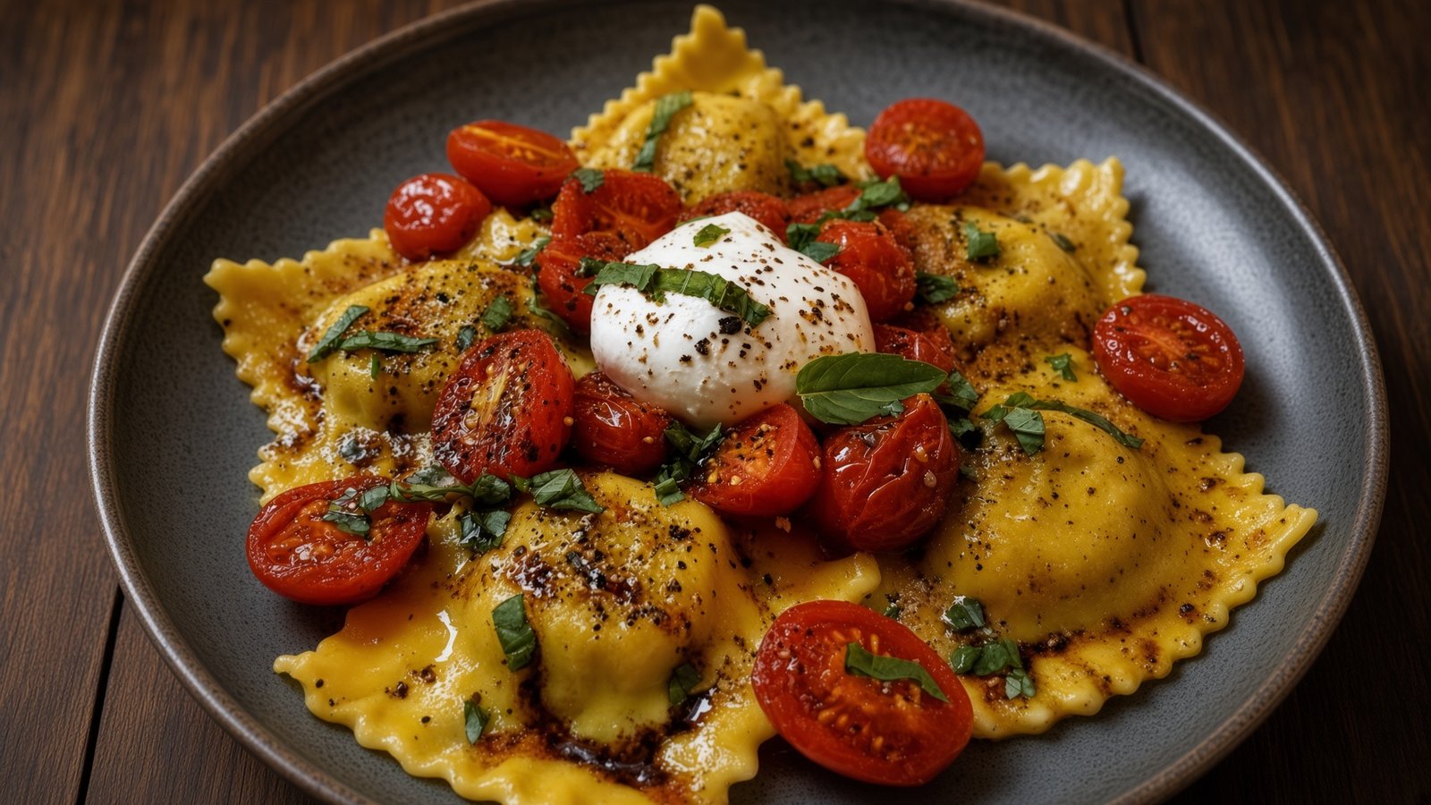 Ricotta-Zitronen-Ravioli mit geplatzten Tomaten und Burrata auf einem Teller