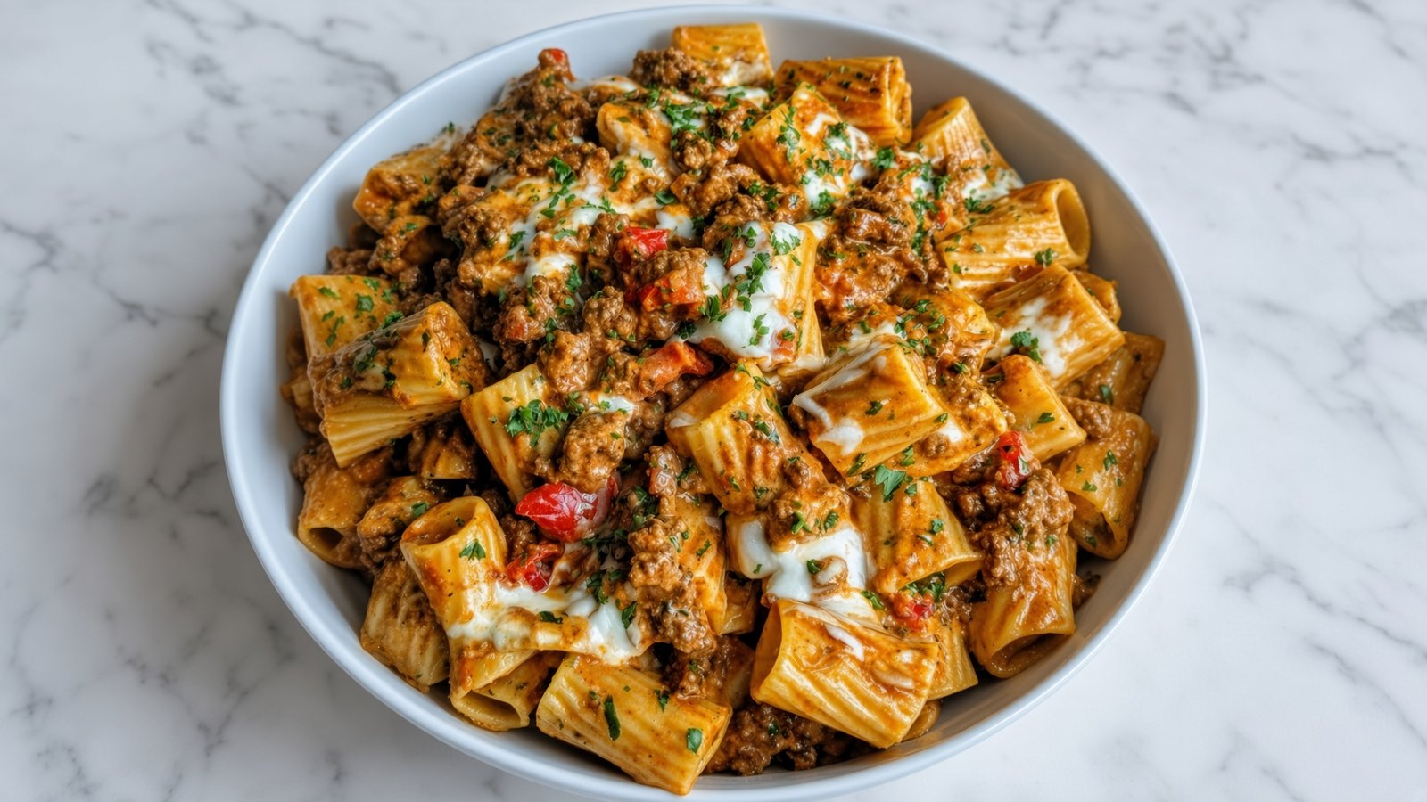 Cremiges Rinderhack-Rigatoni mit Käse in einer Schüssel