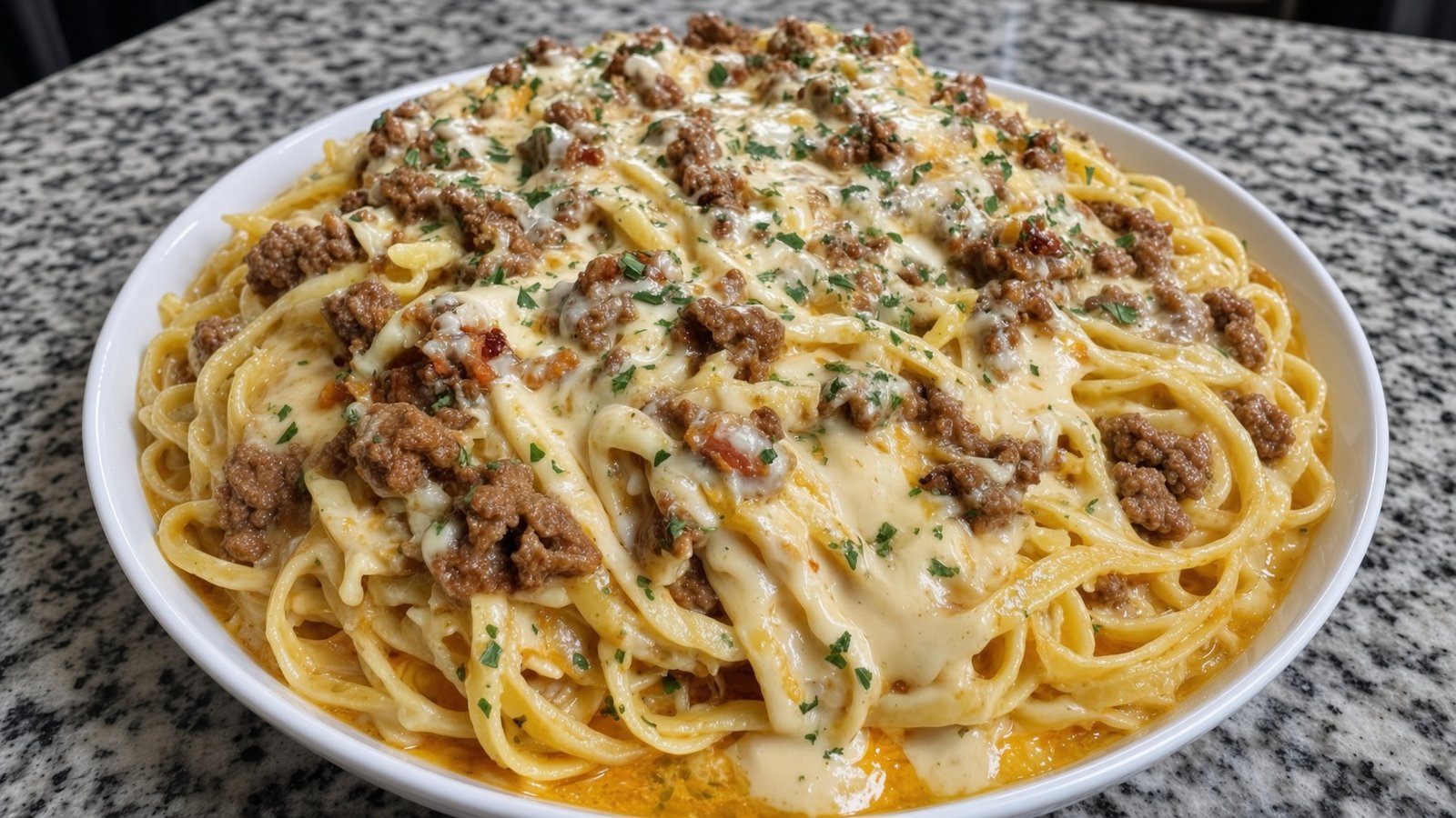 Rinderhack-Linguine in cremiger Provolone-Cheddar-Sauce auf einem Teller