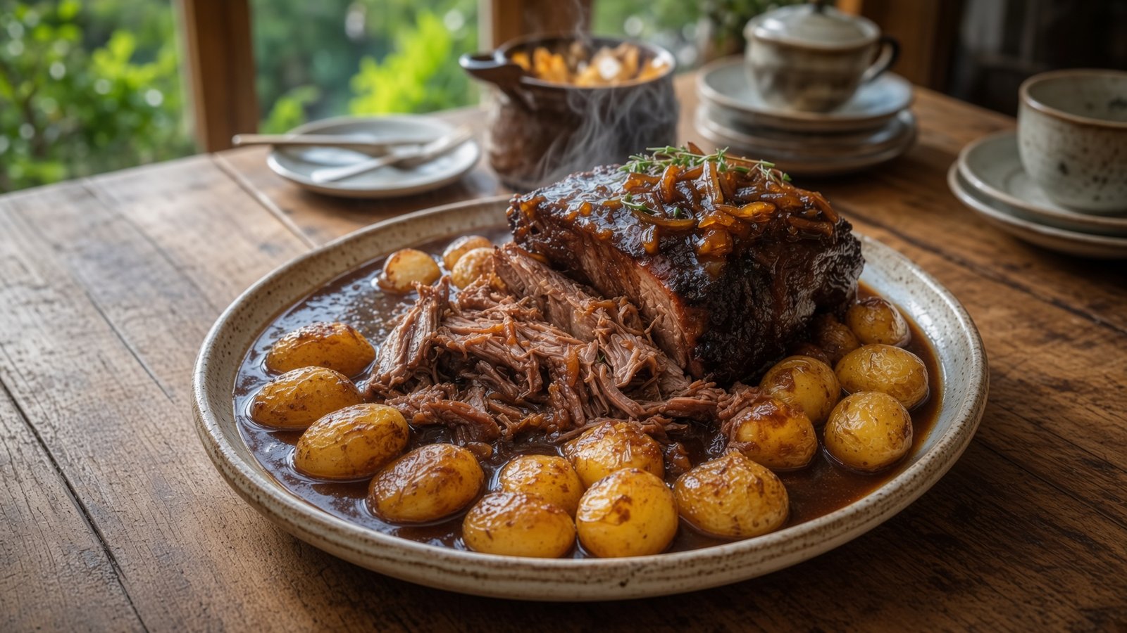 Rinderschmorbraten mit Babykartoffeln und Zwiebelsauce