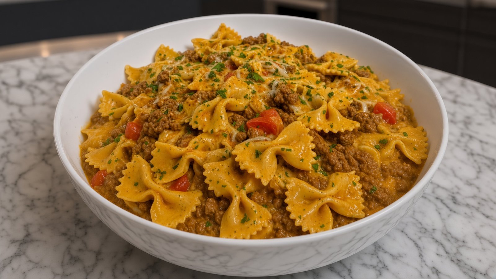 Käsige Rindfleisch-Bowties in samtiger Parmesan-Rotel-Sahne in einer Schüssel