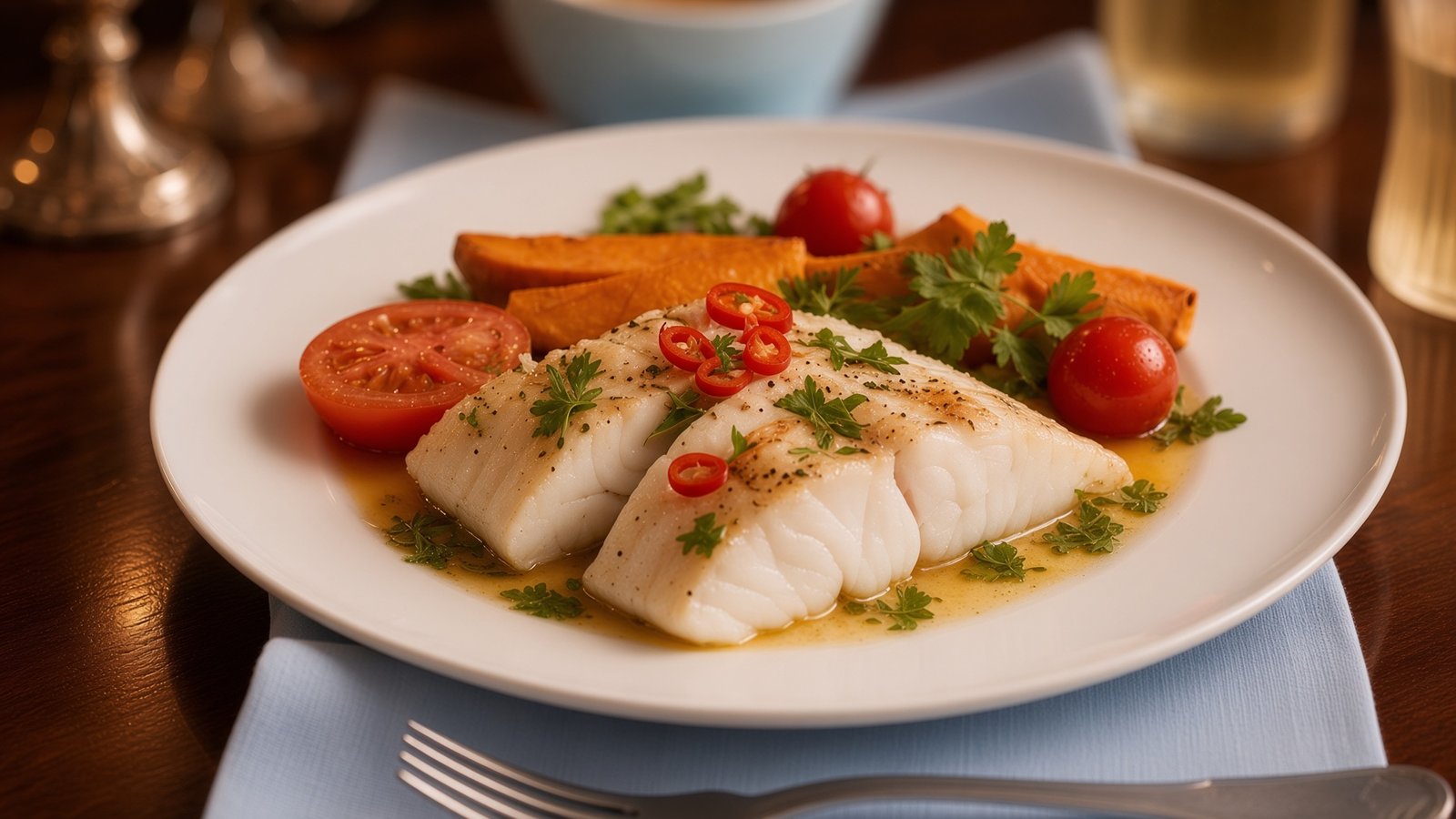Rotbarsch mit Süßkartoffeln und Tomaten auf einem Teller