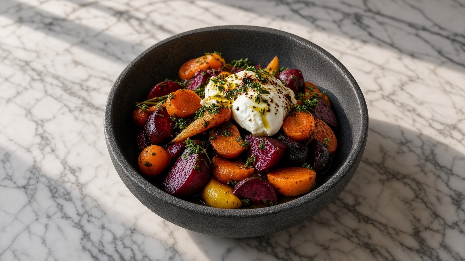 Geröstete Rote Bete und Karotten mit Burrata in einer Schüssel