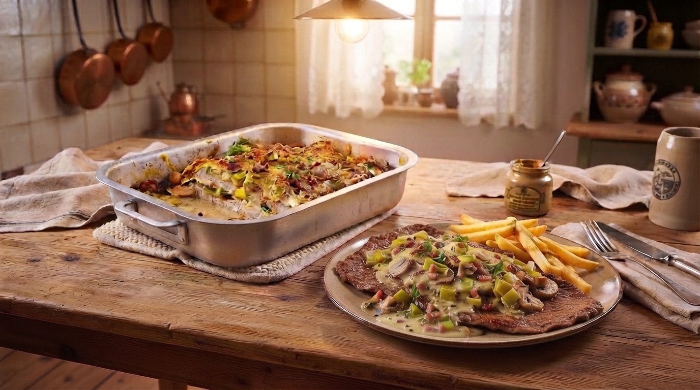 Überbackene Schlemmerschnitzel mit Pommes auf einem Teller und in der Auflaufform