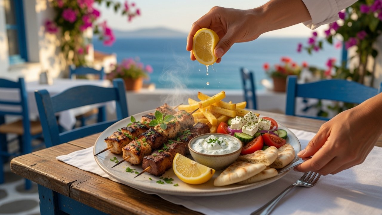 Souvlaki-Teller mit Pommes, Salat, Pita und Tsatsiki