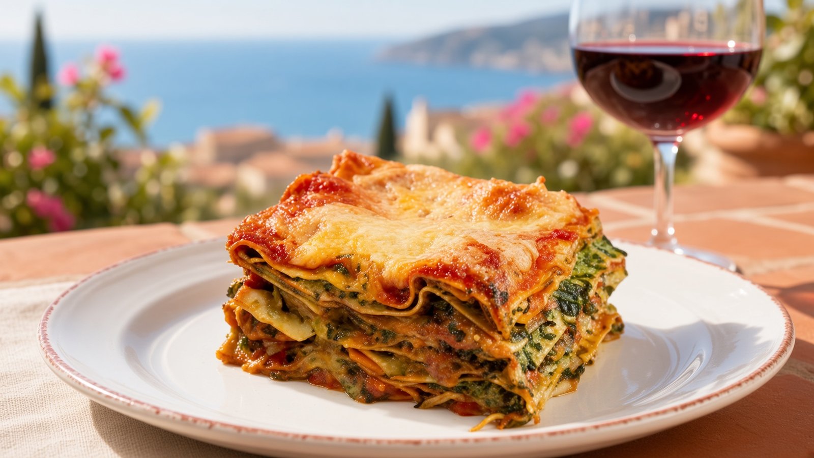 Vegetarische Spinat-Gemüse-Lasagne auf einem Teller