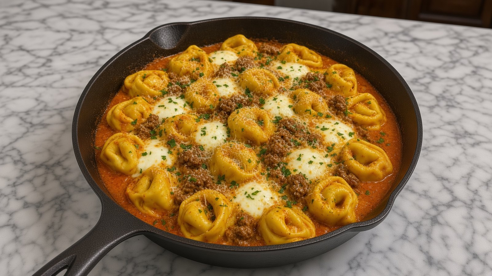 Hackfleisch-Tortellini in cremiger Sonnentomaten-Parmesan-Sauce in einer Gusseisenpfanne