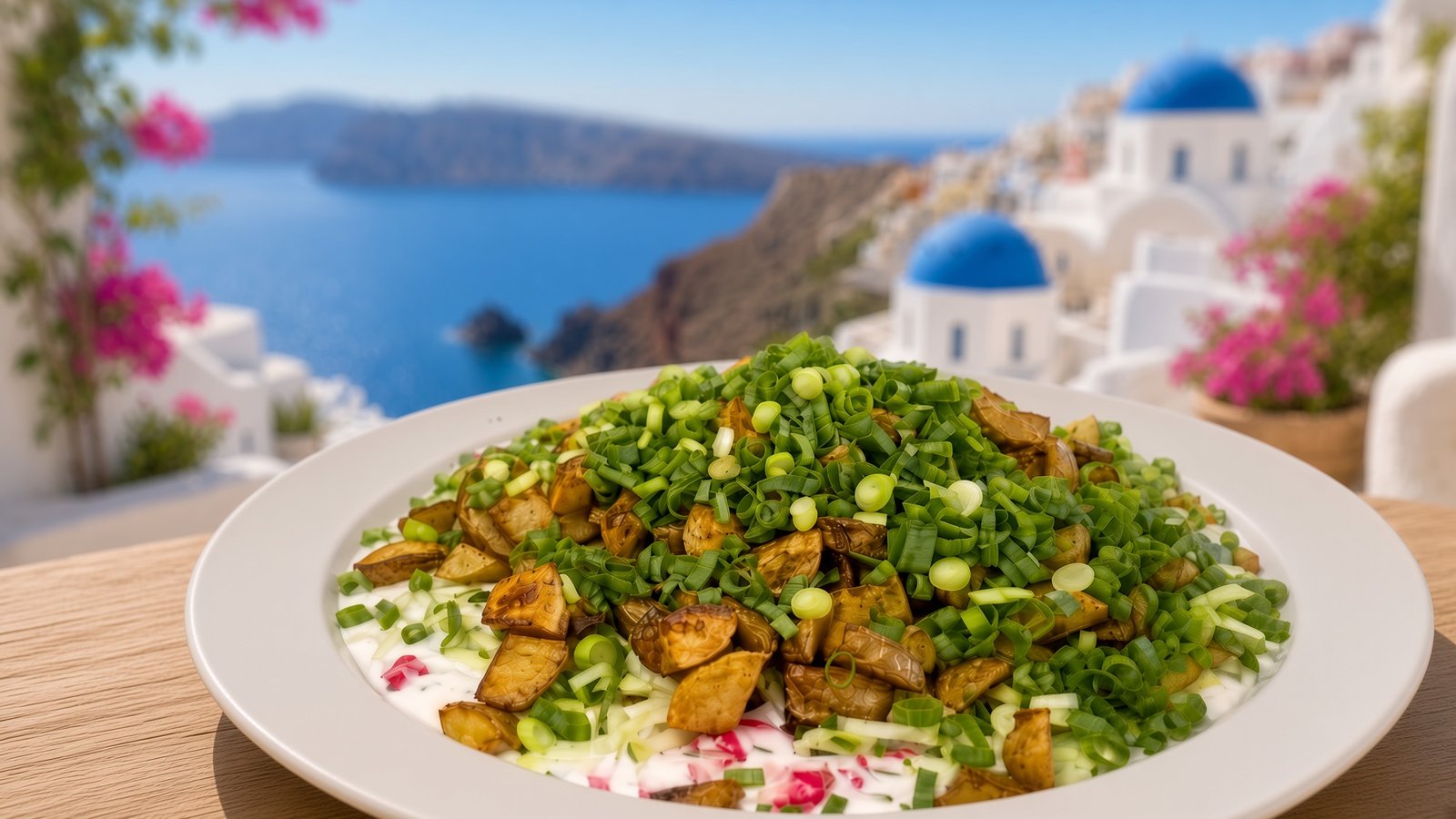Tzatziki-Kartoffelsalat mit Radieschen und Frühlingszwiebeln auf einem Teller