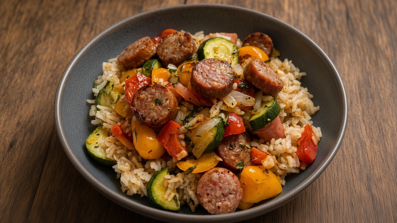Bunte Wurst-Gemüse-Reisbowl mit Zucchini und Paprika in einer Schüssel