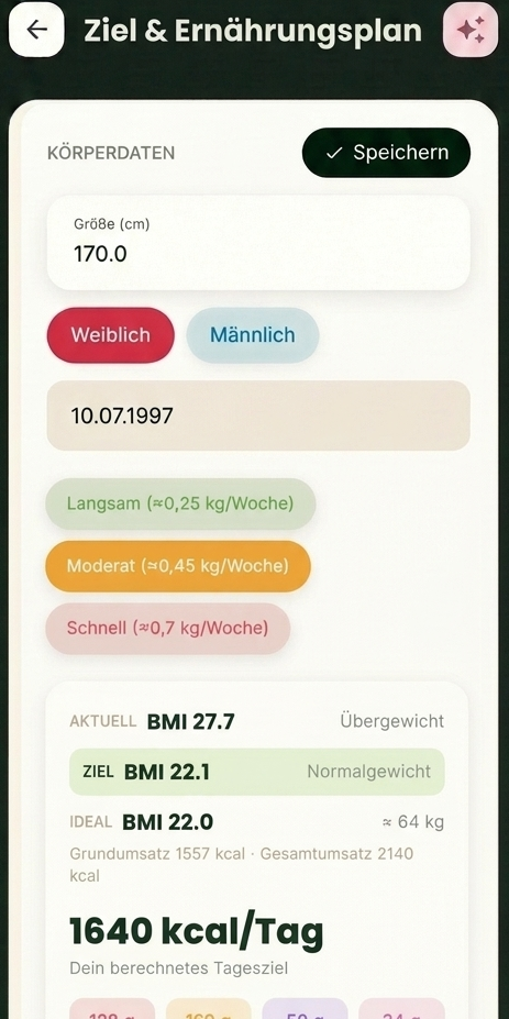 Ziel- und Ernährungsplan-Rechner der Recivita App mit BMI und Tagesziel