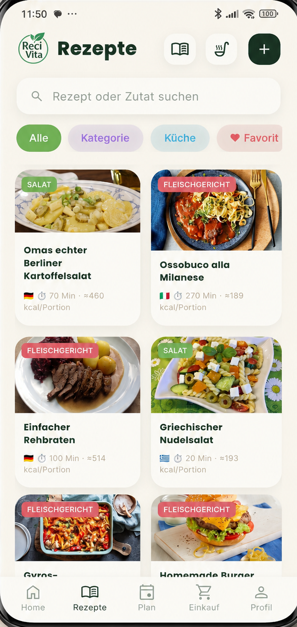 Rezeptbibliothek der Recivita App mit Suchleiste und Rezeptliste