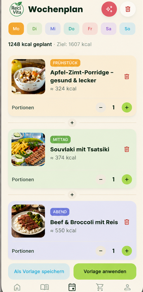 Wochenplan der Recivita App mit Frühstück, Mittag und Abend
