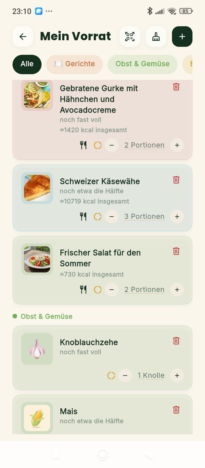 Vorratsverwaltung der Recivita App nach Kategorien sortiert